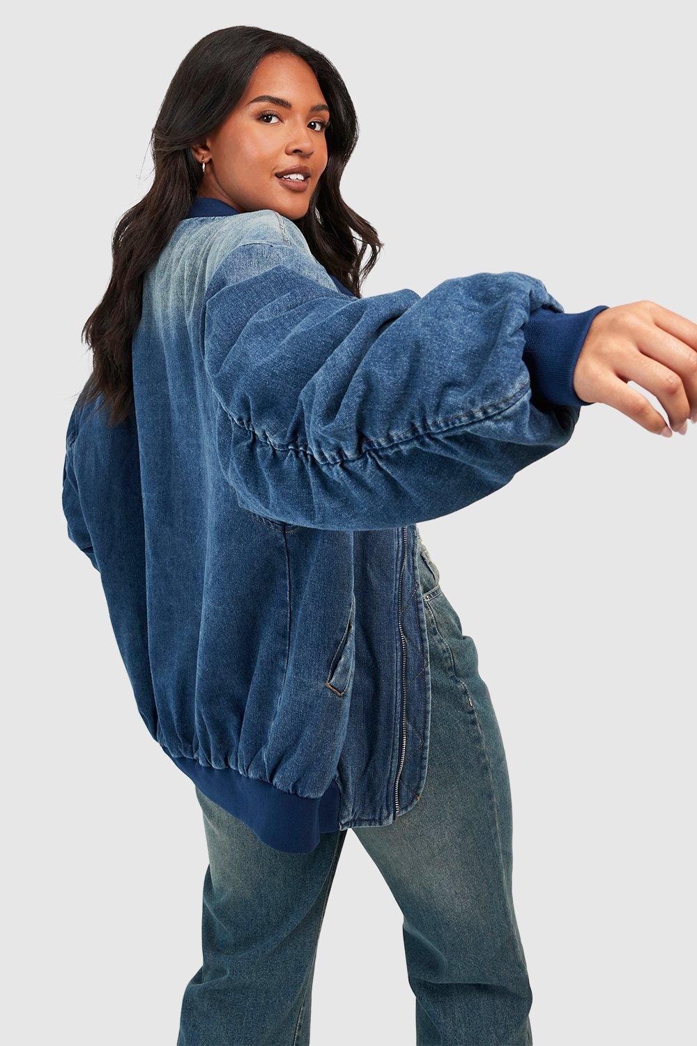 Plus Ruched Sleeve Oversized Denim Bomber Jacket